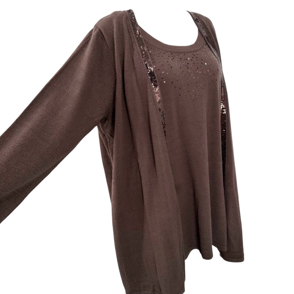 CATHERINES Layered Knit Sweater Chocolate Brown Sequin Trim Tunic Size 1X - Picture 2 of 10